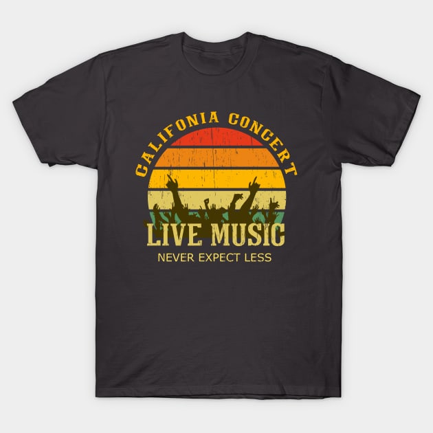 California music culture show concert crowd vintage distressed retro badge logo colors sunset T-Shirt by SpaceWiz95